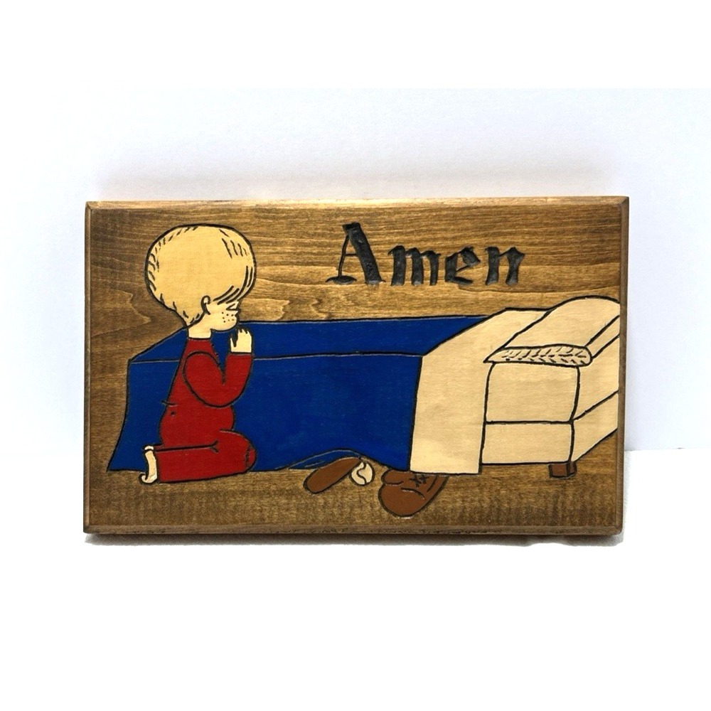 Vintage Nursery Decor Wood Wall Art Child Praying Amen 70s 80s 9.5" L x 6" H
